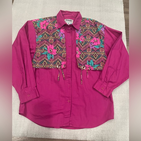 [L]VTG Wrangler Women Western Pink Floral Concho Tassel Cowgirl Button Shirt - Picture 1 of 6